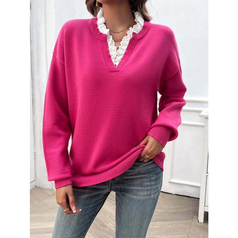 Lace Detail Notched Long Sleeve Sweater Hot Pink / S Apparel and Accessories