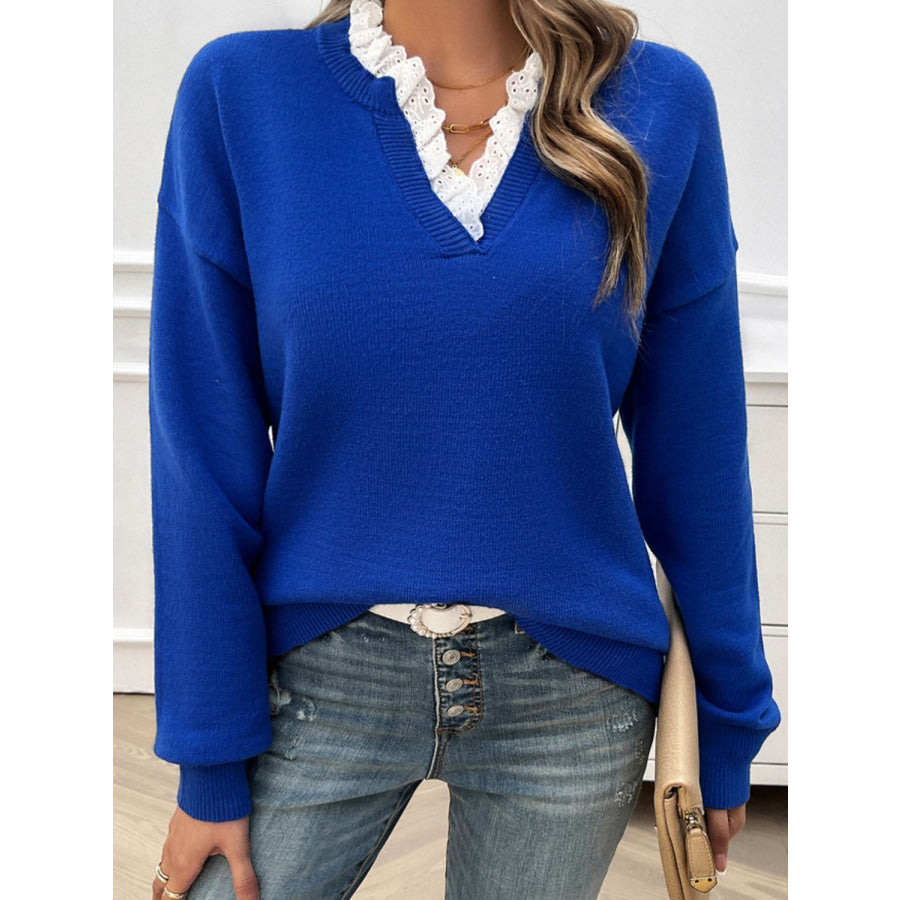 Lace Detail Notched Long Sleeve Sweater Royal Blue / S Apparel and Accessories