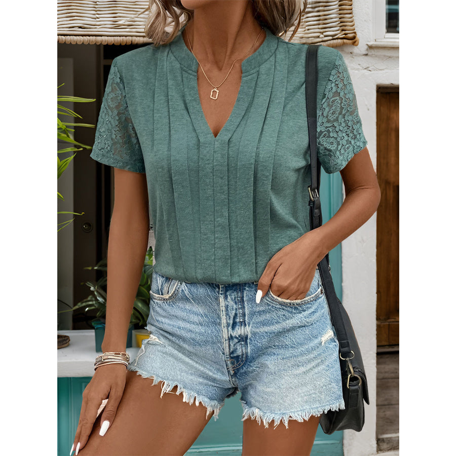 Lace Detail Notched Short Sleeve T-Shirt Apparel and Accessories