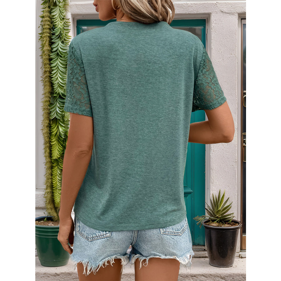Lace Detail Notched Short Sleeve T-Shirt Green / S Apparel and Accessories