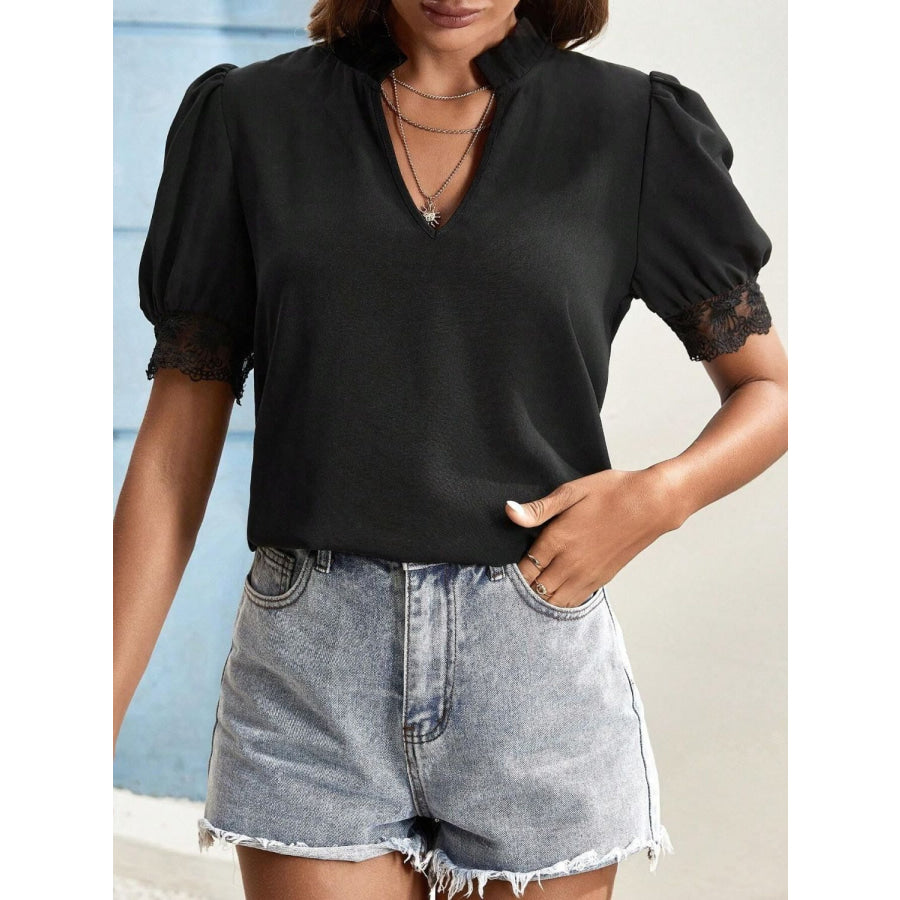 Lace Detail Notched Short Sleeve Top Apparel and Accessories