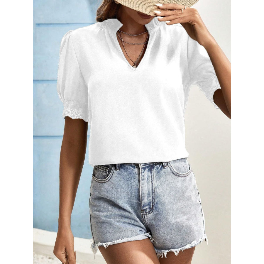 Lace Detail Notched Short Sleeve Top Apparel and Accessories