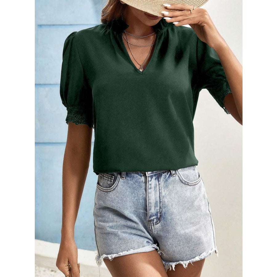 Lace Detail Notched Short Sleeve Top Apparel and Accessories