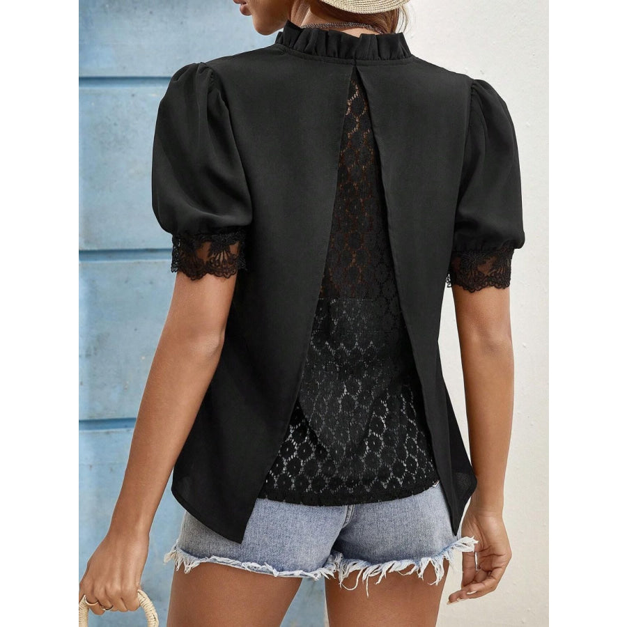 Lace Detail Notched Short Sleeve Top Black / S Apparel and Accessories