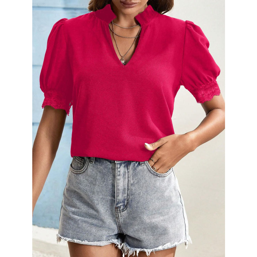 Lace Detail Notched Short Sleeve Top Hot Pink / S Apparel and Accessories