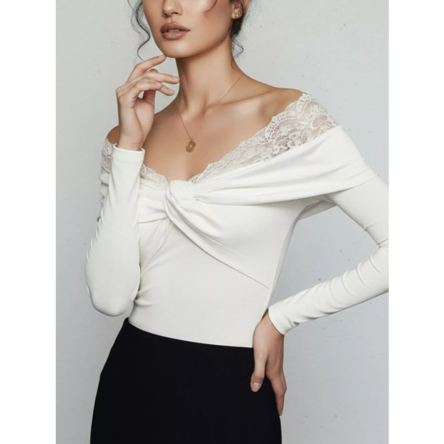 Lace Detail Off-Shoulder Long Sleeve Bodysuit Apparel and Accessories