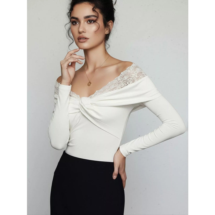 Lace Detail Off-Shoulder Long Sleeve Bodysuit Gray/white / S Apparel and Accessories