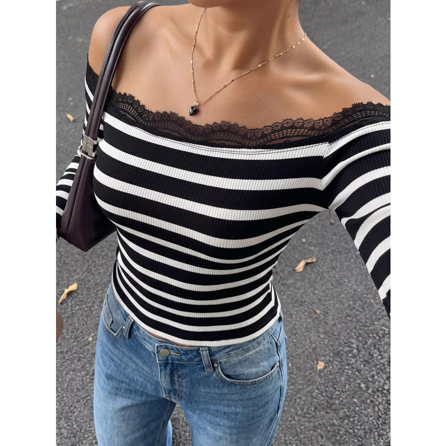 Lace Detail Off Shoulder T-Shirt Black / S Apparel and Accessories