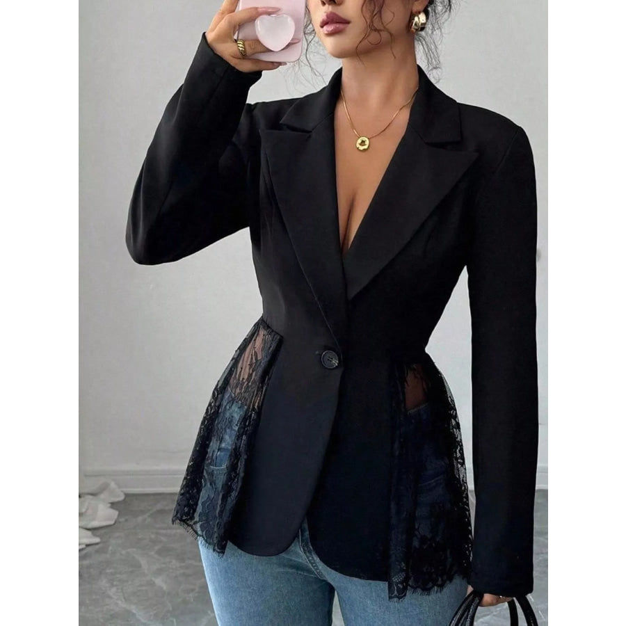 Lace Detail One Button Blazer Black / S Apparel and Accessories