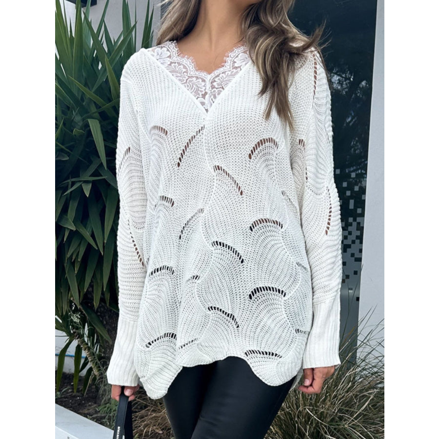 Lace Detail Openwork V-Neck Long Sleeve Sweater Apparel and Accessories