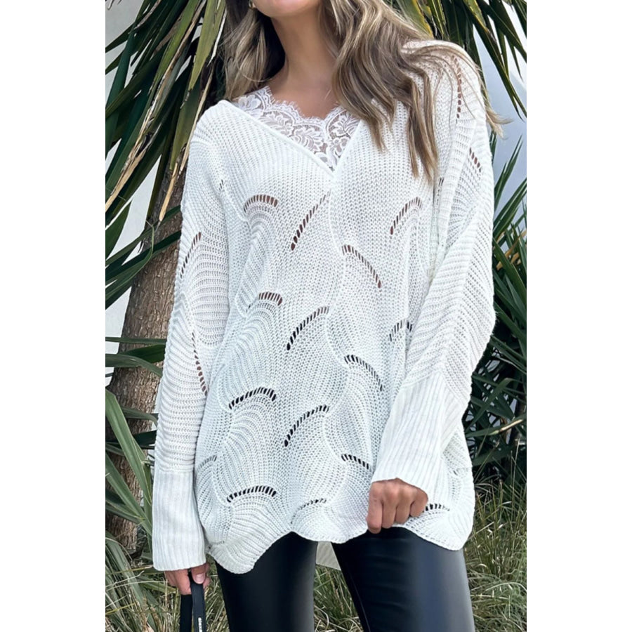 Lace Detail Openwork V-Neck Long Sleeve Sweater Apparel and Accessories