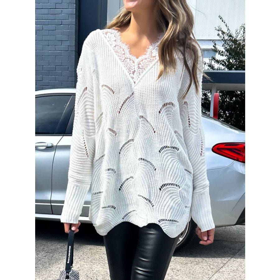 Lace Detail Openwork V-Neck Long Sleeve Sweater Apparel and Accessories