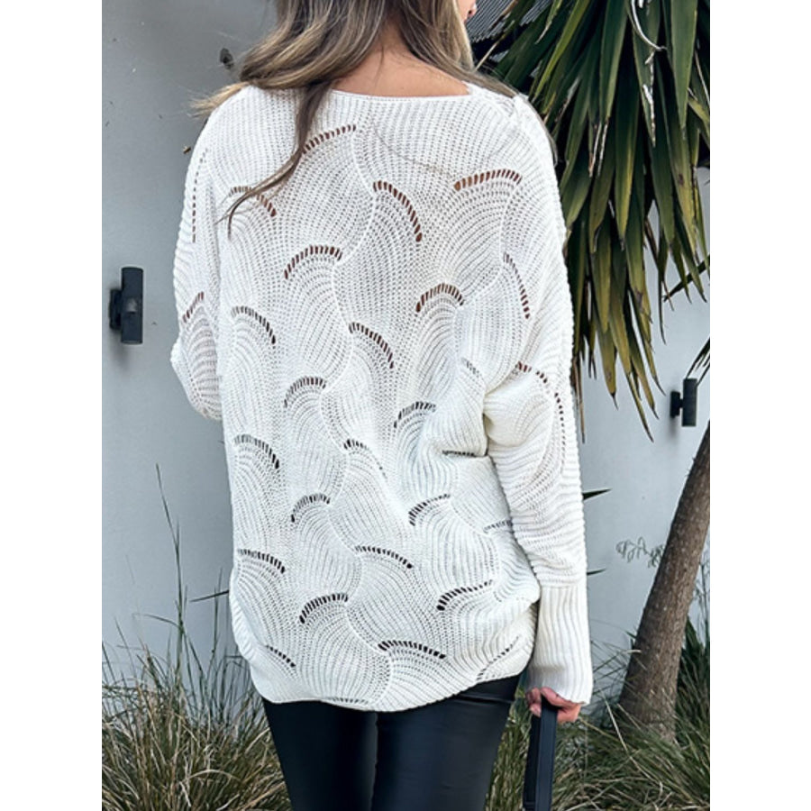 Lace Detail Openwork V-Neck Long Sleeve Sweater Apparel and Accessories