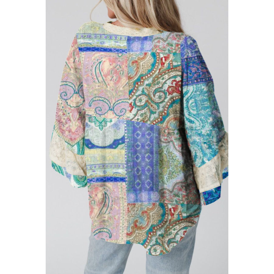 Lace Detail Patchwork Notched Three-Quarter Sleeve Blouse Floral / S Apparel and Accessories