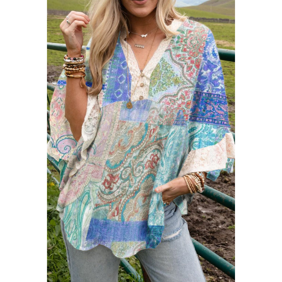 Lace Detail Patchwork Notched Three-Quarter Sleeve Blouse Floral / S Apparel and Accessories