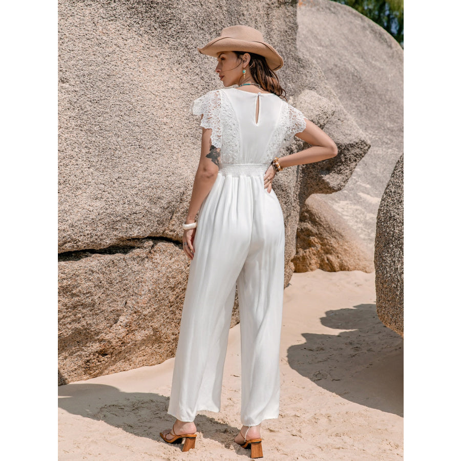 Lace Detail Plunge Cap Sleeve Jumpsuit White / S Apparel and Accessories