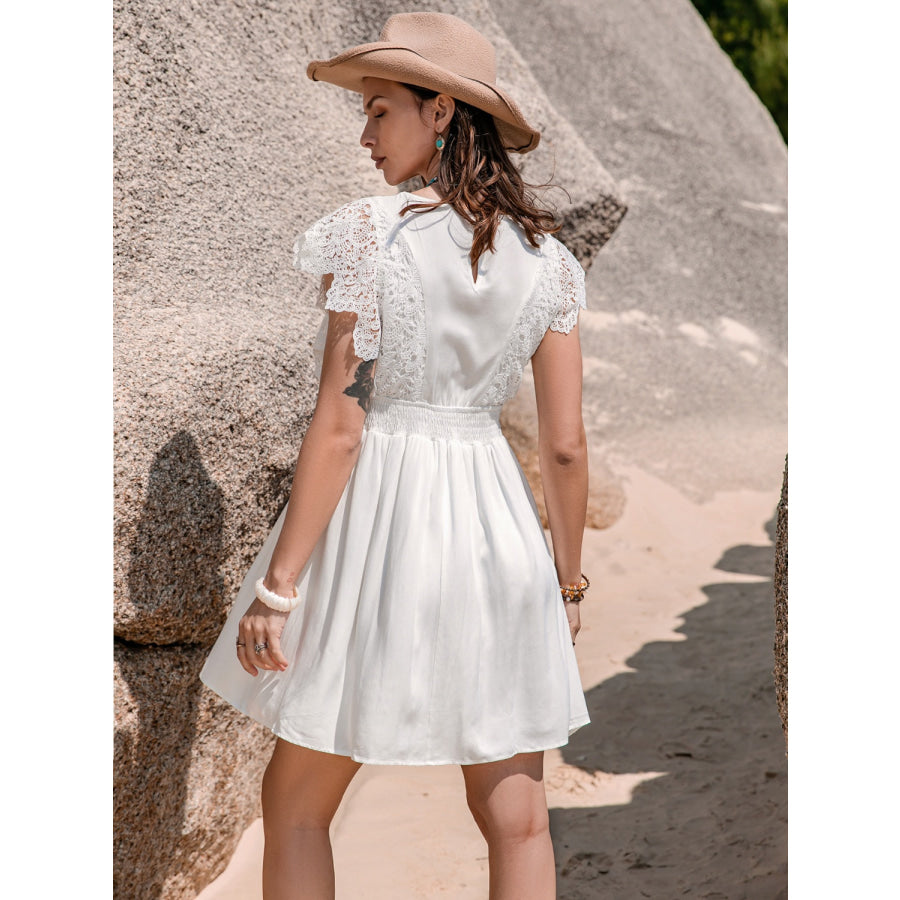 Lace Detail Plunge Cap Sleeve Mini Dress White / S Apparel and Accessories