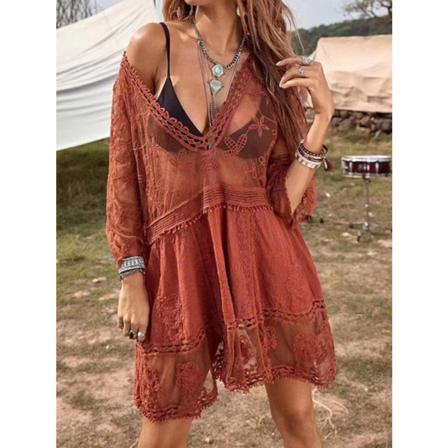 Lace Detail Plunge Cover - Up Dress Brick Red / One Size Apparel and Accessories