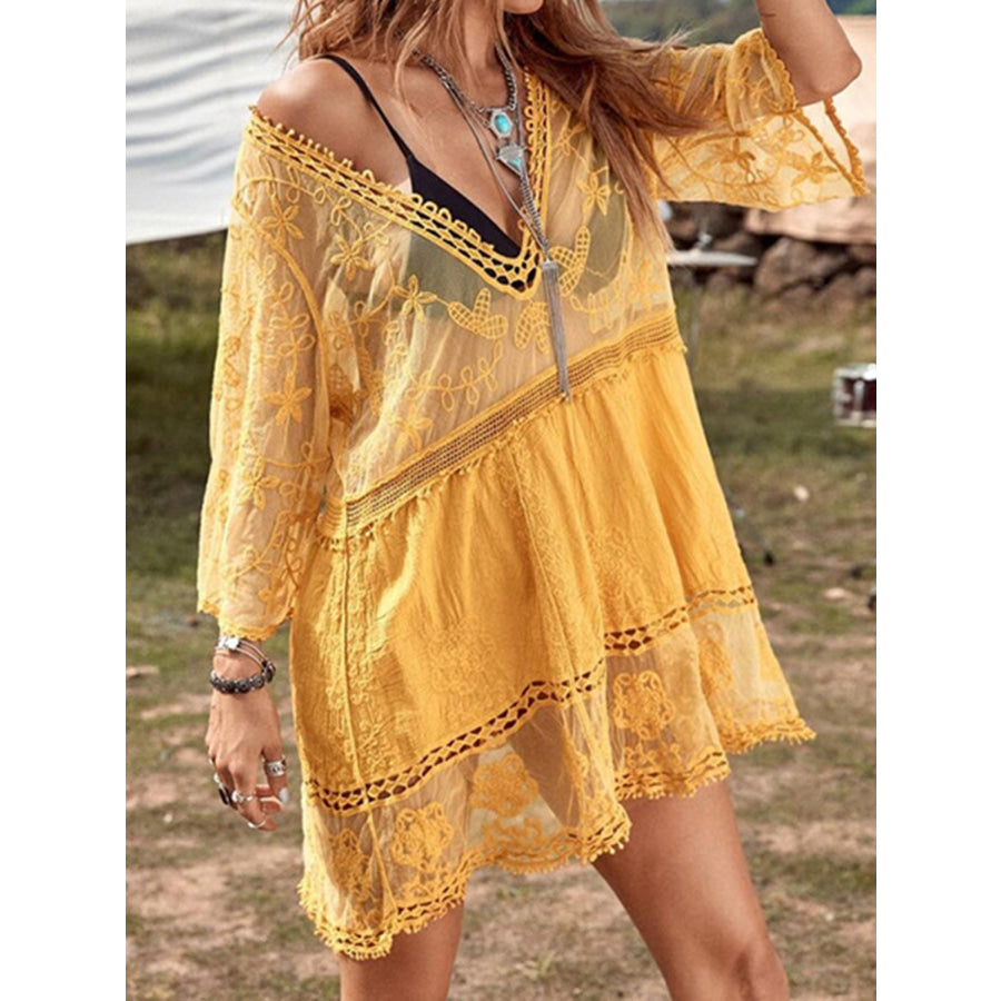 Lace Detail Plunge Cover - Up Dress Mustard / One Size Apparel and Accessories