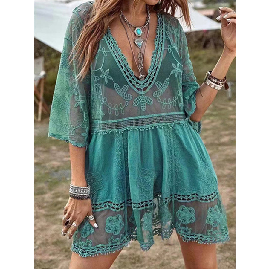 Lace Detail Plunge Cover - Up Dress Turquoise / One Size Apparel and Accessories