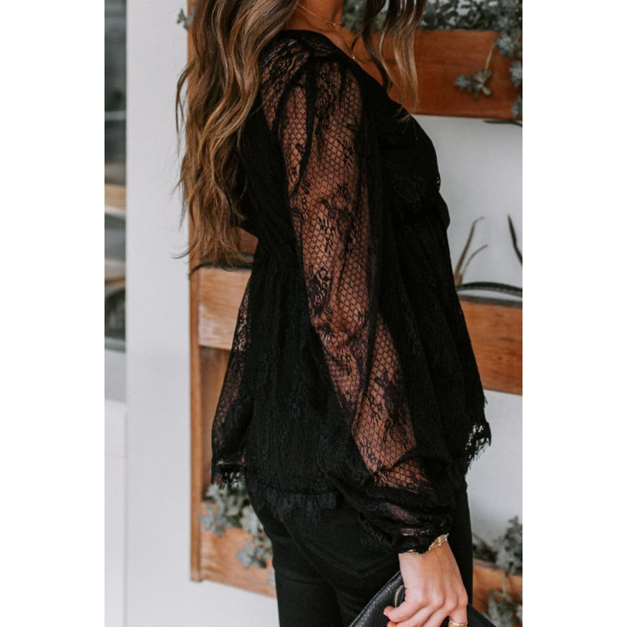 Lace Detail Plunge Long Sleeve Blouse Apparel and Accessories