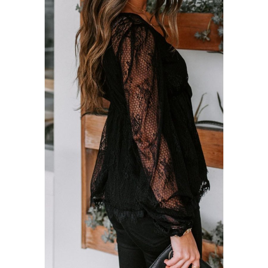 Lace Detail Plunge Long Sleeve Blouse Black / S Apparel and Accessories