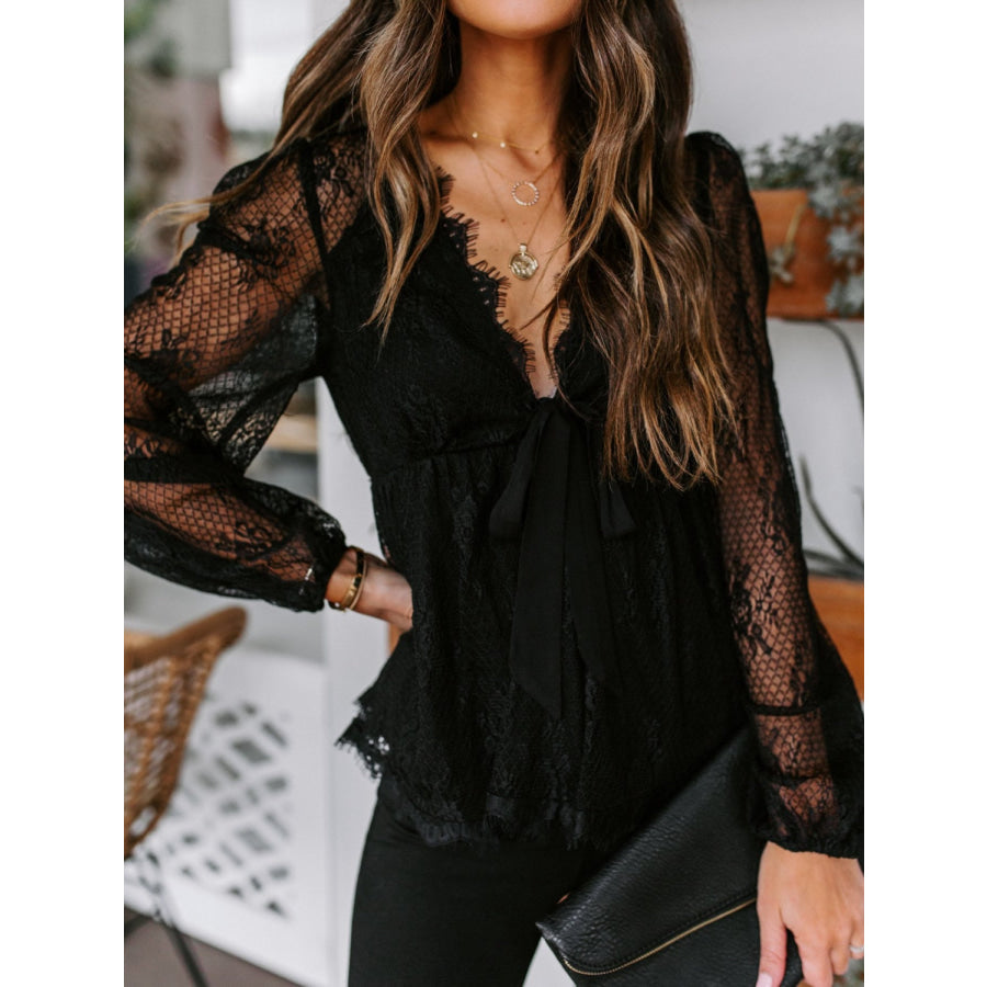 Lace Detail Plunge Long Sleeve Blouse Apparel and Accessories