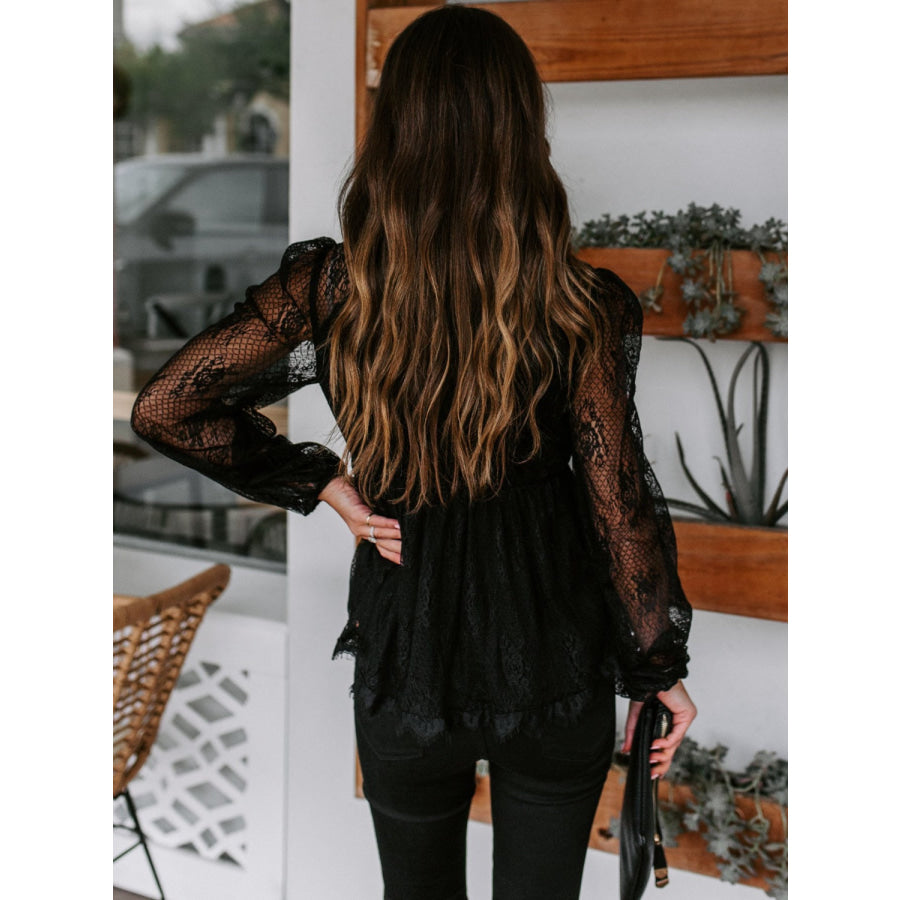 Lace Detail Plunge Long Sleeve Blouse Apparel and Accessories