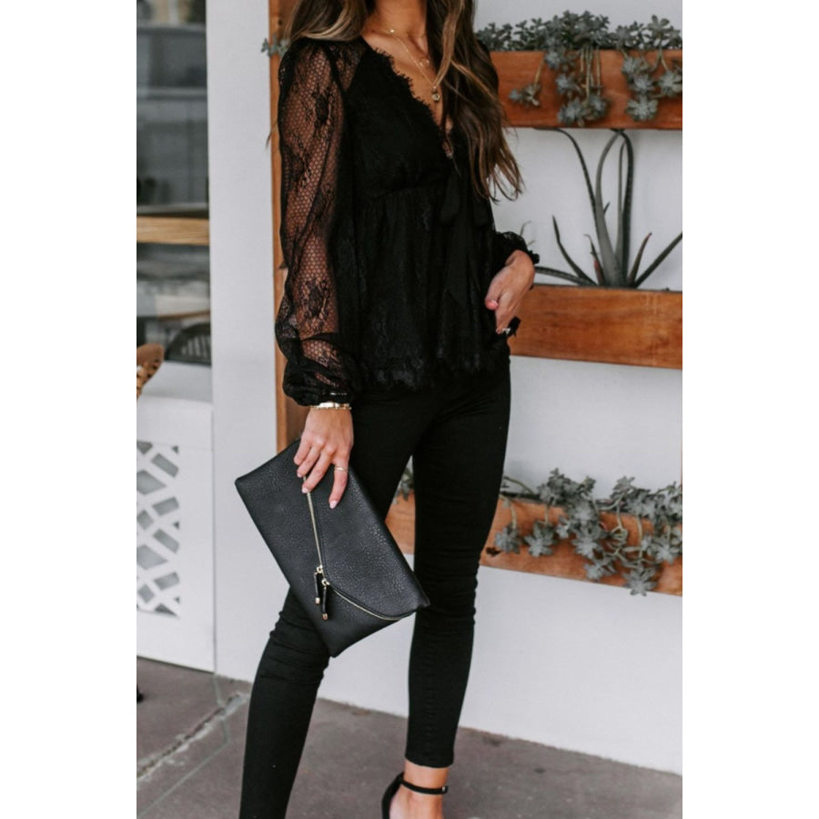 Lace Detail Plunge Long Sleeve Blouse Apparel and Accessories