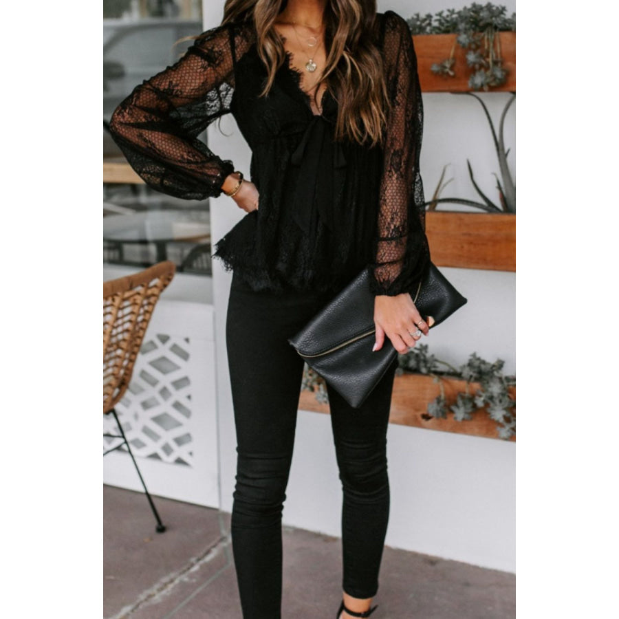 Lace Detail Plunge Long Sleeve Blouse Apparel and Accessories