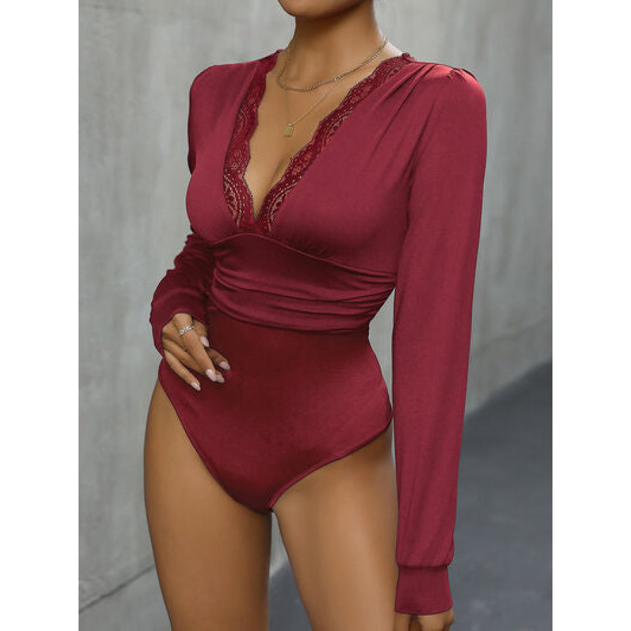 Lace Detail Plunge Long Sleeve Bodysuit Apparel and Accessories