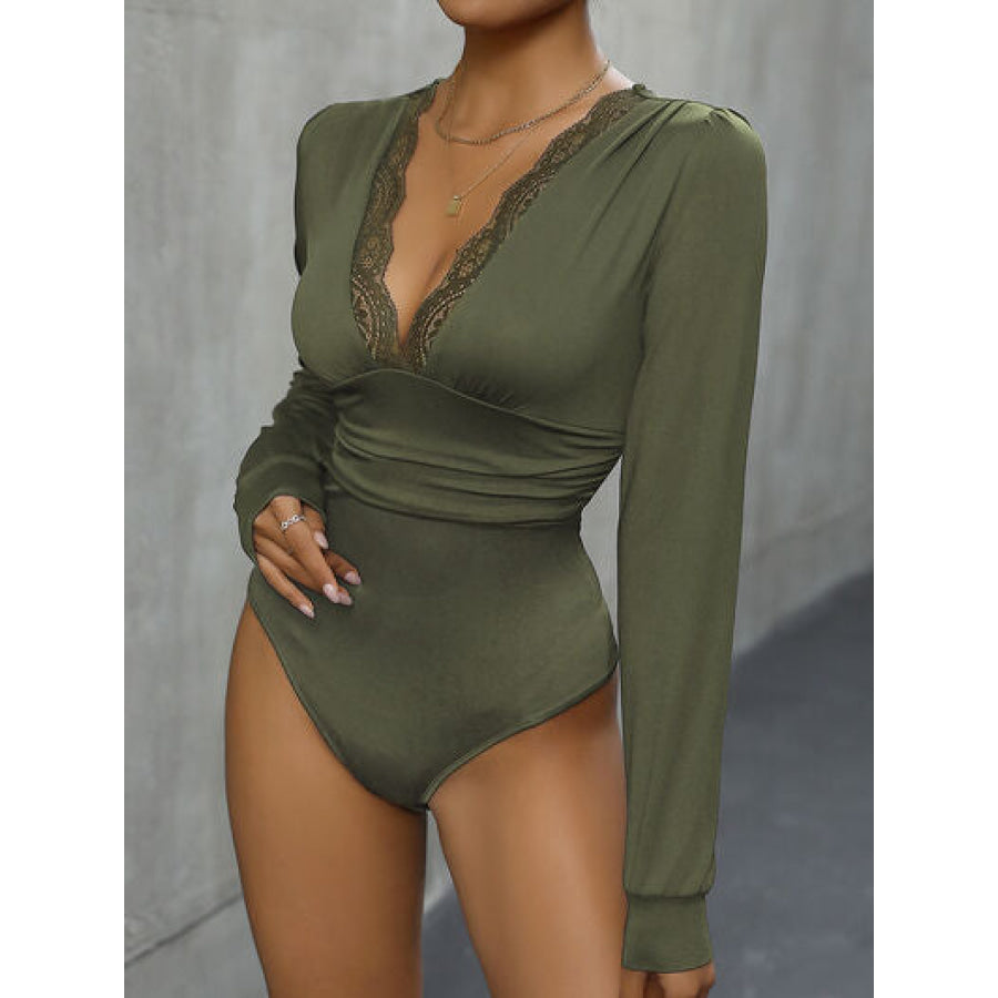Lace Detail Plunge Long Sleeve Bodysuit Apparel and Accessories
