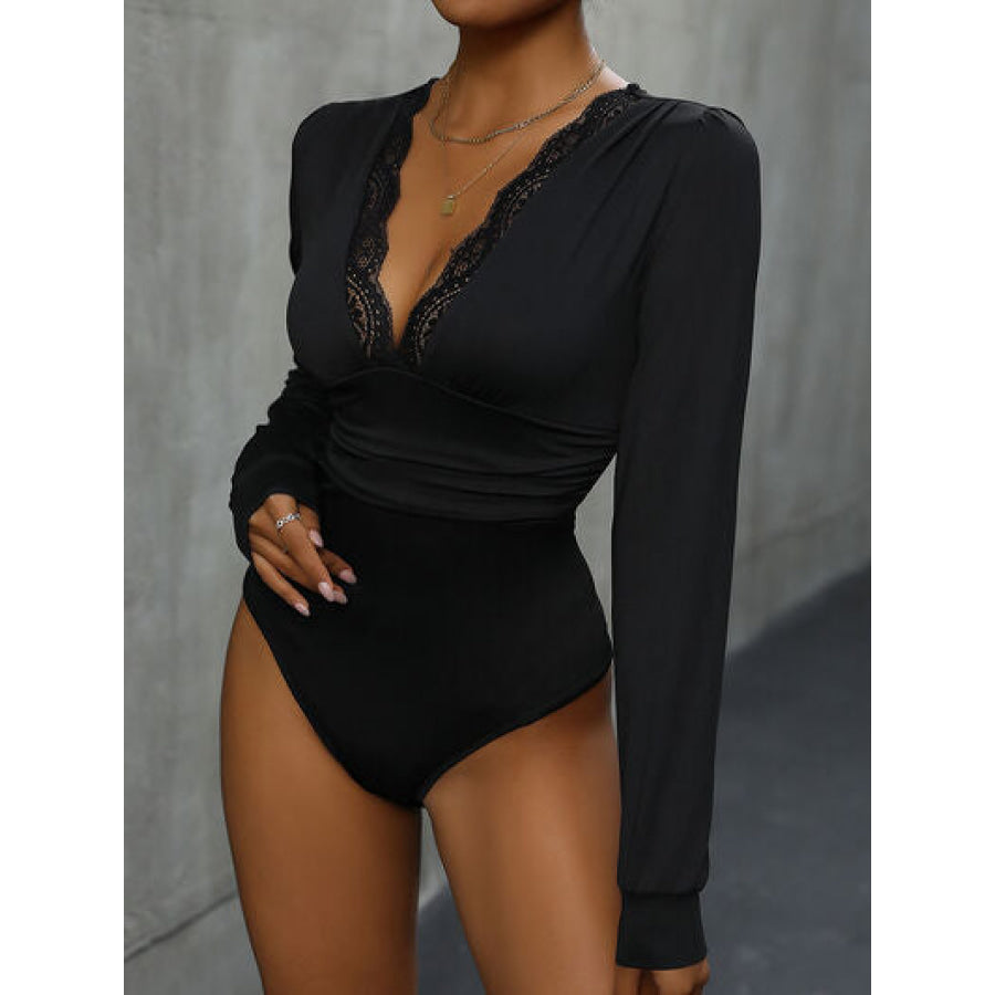 Lace Detail Plunge Long Sleeve Bodysuit Black / S Apparel and Accessories