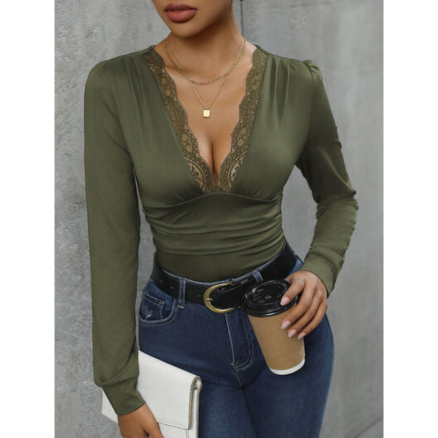 Lace Detail Plunge Long Sleeve Bodysuit Matcha Green / S Apparel and Accessories