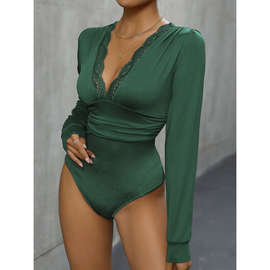 Lace Detail Plunge Long Sleeve Bodysuit Mid Green / S Apparel and Accessories