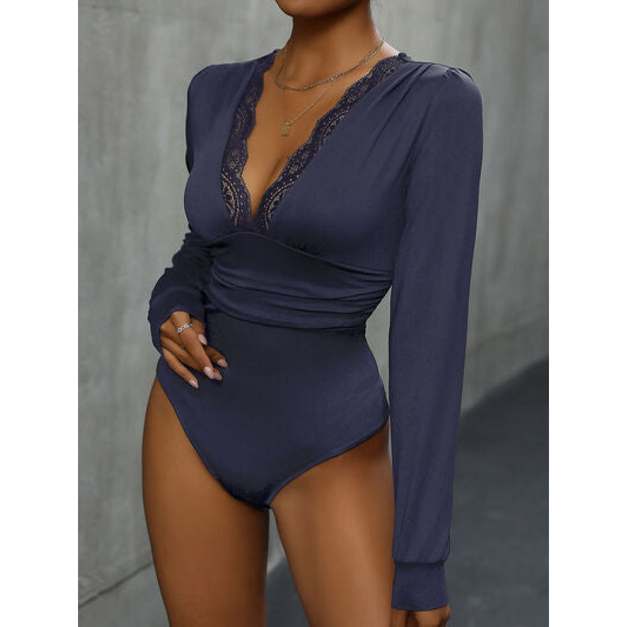 Lace Detail Plunge Long Sleeve Bodysuit Navy / S Apparel and Accessories