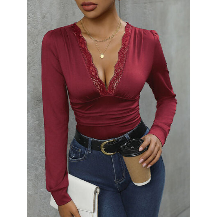 Lace Detail Plunge Long Sleeve Bodysuit Wine / S Apparel and Accessories