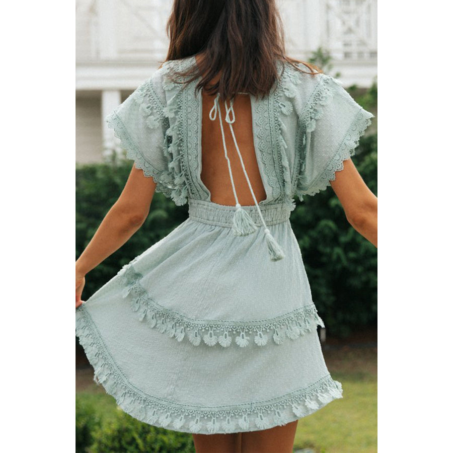 Lace Detail Plunge Short Sleeve Mini Dress Sage / S Apparel and Accessories