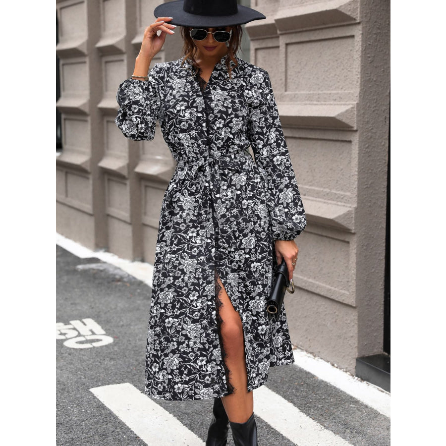 Lace Detail Printed Long Sleeve Midi Dress Black / S Apparel and Accessories