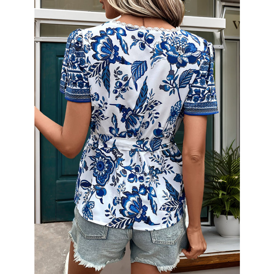 Lace Detail Printed Surplice Short Sleeve Blouse Royal Blue / S Apparel and Accessories