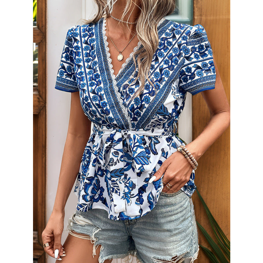 Lace Detail Printed Surplice Short Sleeve Blouse Apparel and Accessories