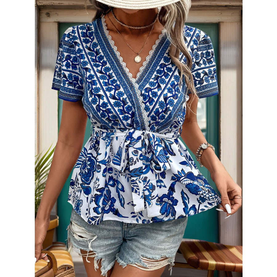 Lace Detail Printed Surplice Short Sleeve Blouse Royal Blue / S Apparel and Accessories