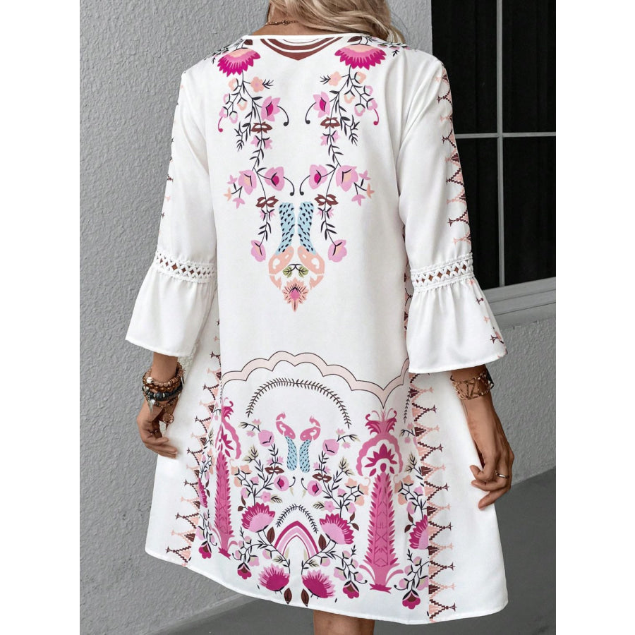 Lace Detail Printed Three-Quarter Sleeve Dress Apparel and Accessories