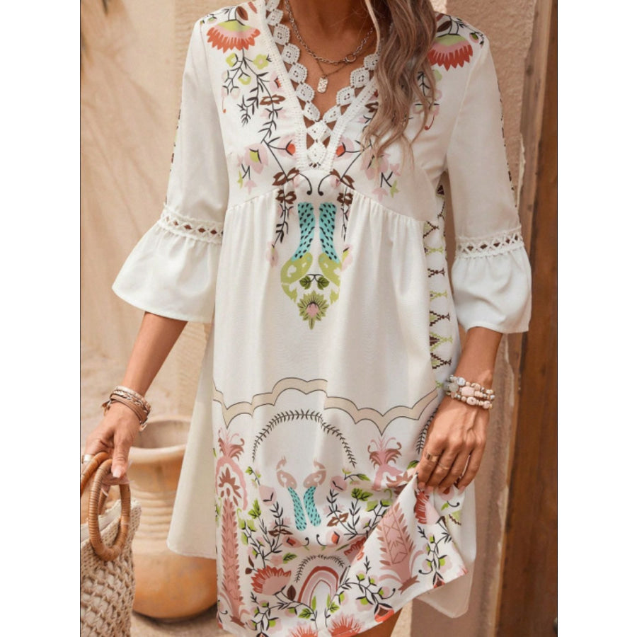 Lace Detail Printed Three-Quarter Sleeve Dress Apparel and Accessories