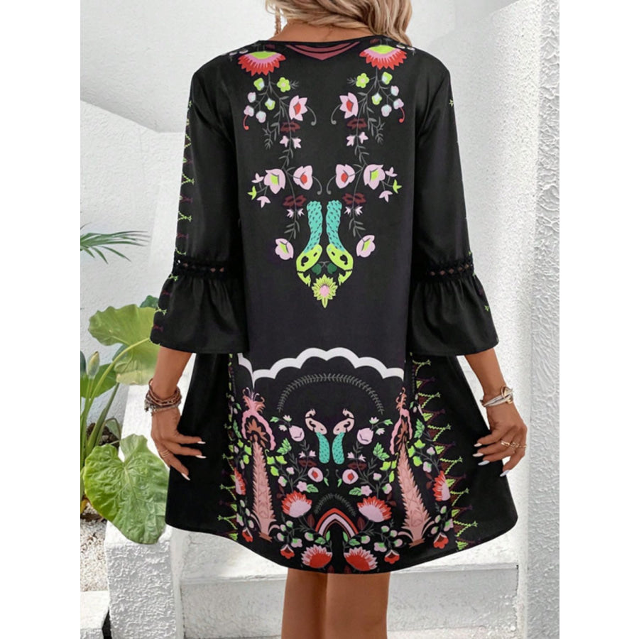 Lace Detail Printed Three-Quarter Sleeve Dress Apparel and Accessories