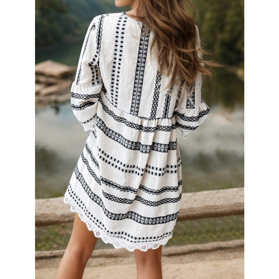 Lace Detail Printed Three - Quarter Sleeve Dress Apparel and Accessories