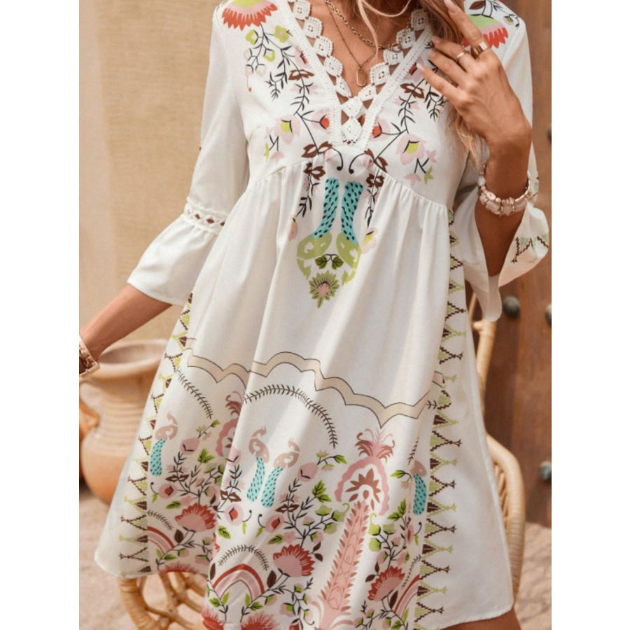 Lace Detail Printed Three-Quarter Sleeve Dress Apparel and Accessories