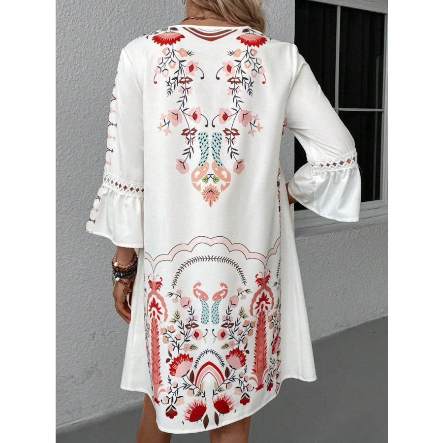 Lace Detail Printed Three-Quarter Sleeve Dress Apparel and Accessories