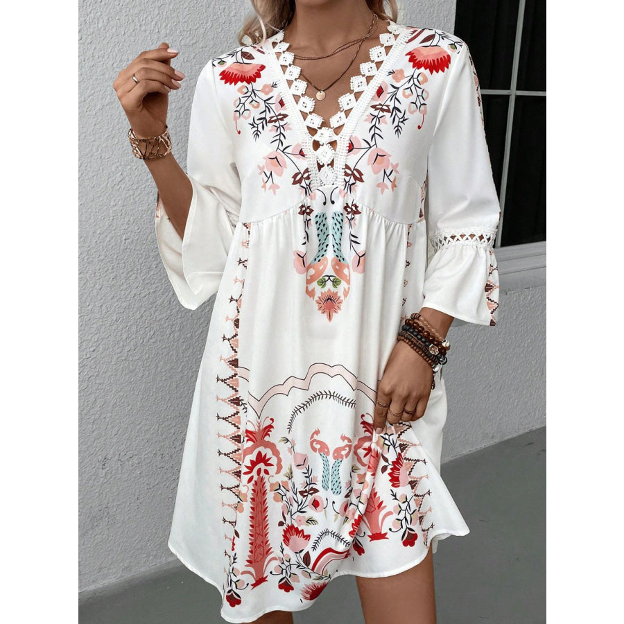 Lace Detail Printed Three-Quarter Sleeve Dress Apparel and Accessories