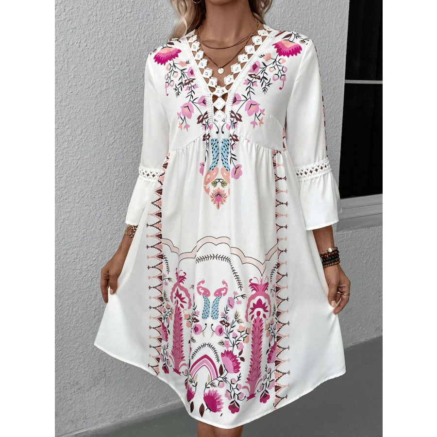 Lace Detail Printed Three-Quarter Sleeve Dress Apparel and Accessories